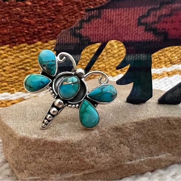 ❤️ Kingman Dahlia Turquoise Sterling 925 Butterfly Dragonfly Ring Navajo Sz 6.75 - Picture 1 of 17